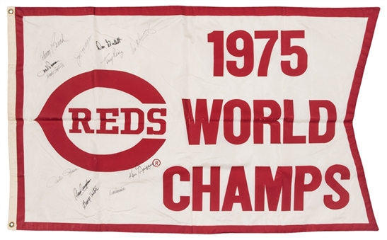 1975 Cincinnati Reds World Series Team Signed Banner With 12 Signatures Including Bench, Morgan, Perez and Rose (JSA)
